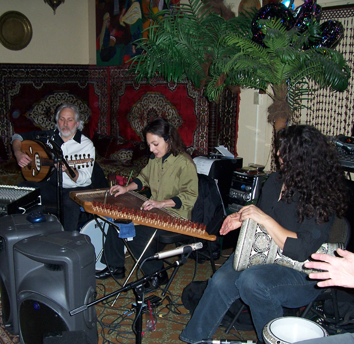 Nathan and Yosifah of Al 'Azifoon with guest drummer Susu Pampanin at January 2008 El Morocco Dancers' Night